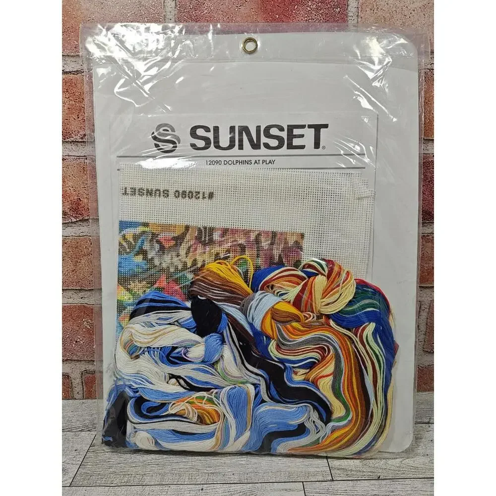 1993 Sunset Needlepoint Kit Dolphins At Play 12090 12